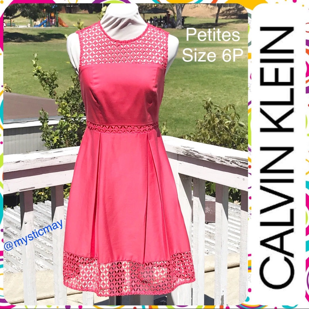 CALVIN KLEIN Coral Pink Medallion Lace Trim Keyhole Back Tea Dress Size 6 Petite